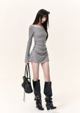 Heather grey long sleeve knit top with draped waist and matching shorts