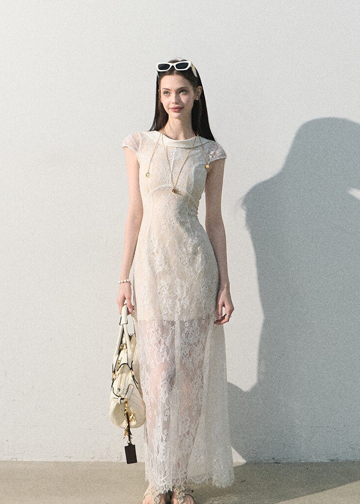 Romantic floral lace dress with a partially lined design