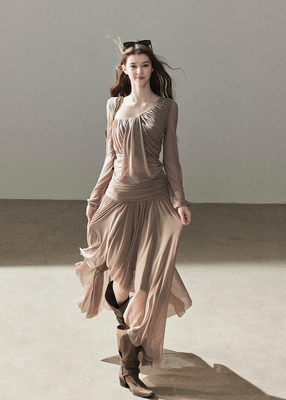 Draped taupe top and maxi skirt two-piece set