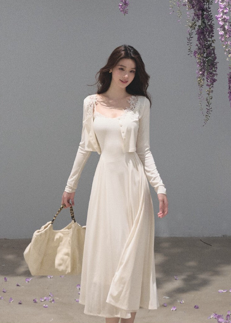 Soft mist beige cropped cardigan with delicate lace neckline detailing