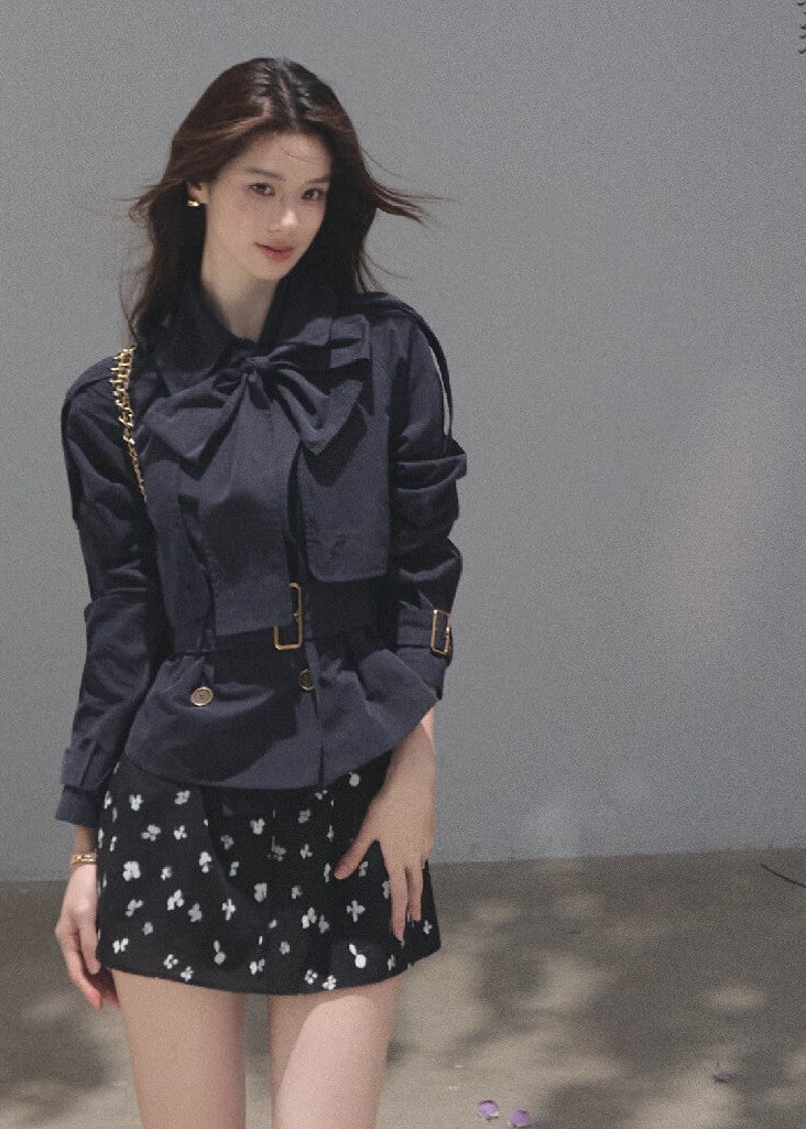 Hunting-inspired two-piece set with a cropped black jacket and flared skirt