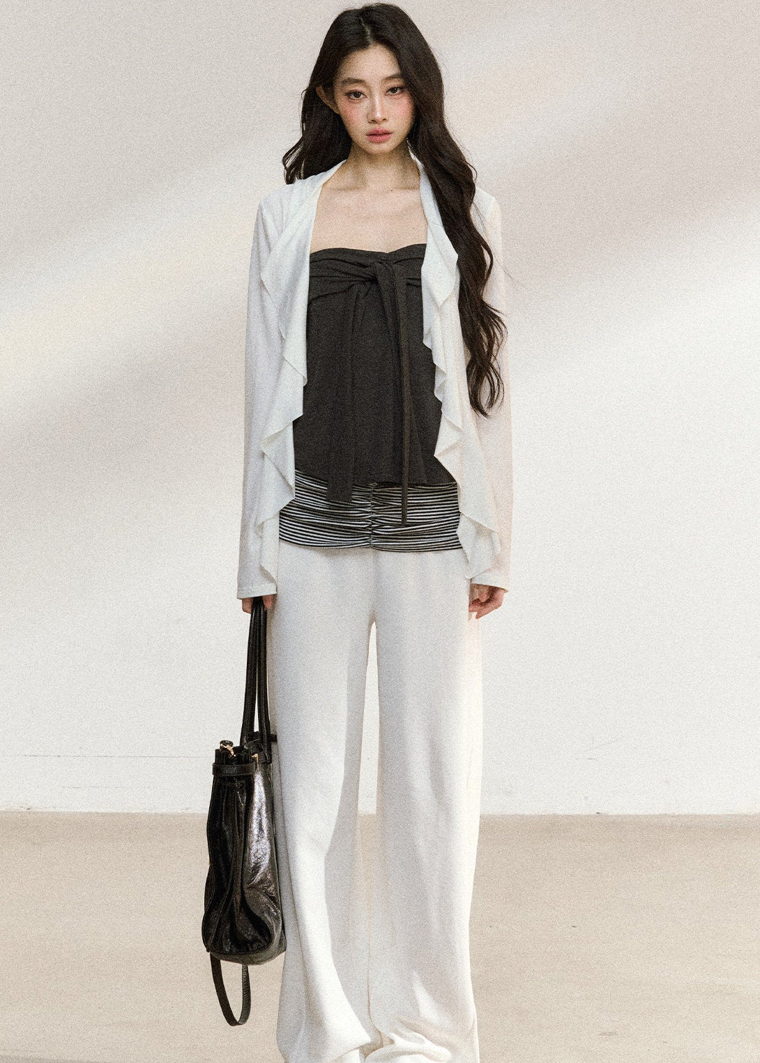 White wide-leg trousers with a ruched striped waistband