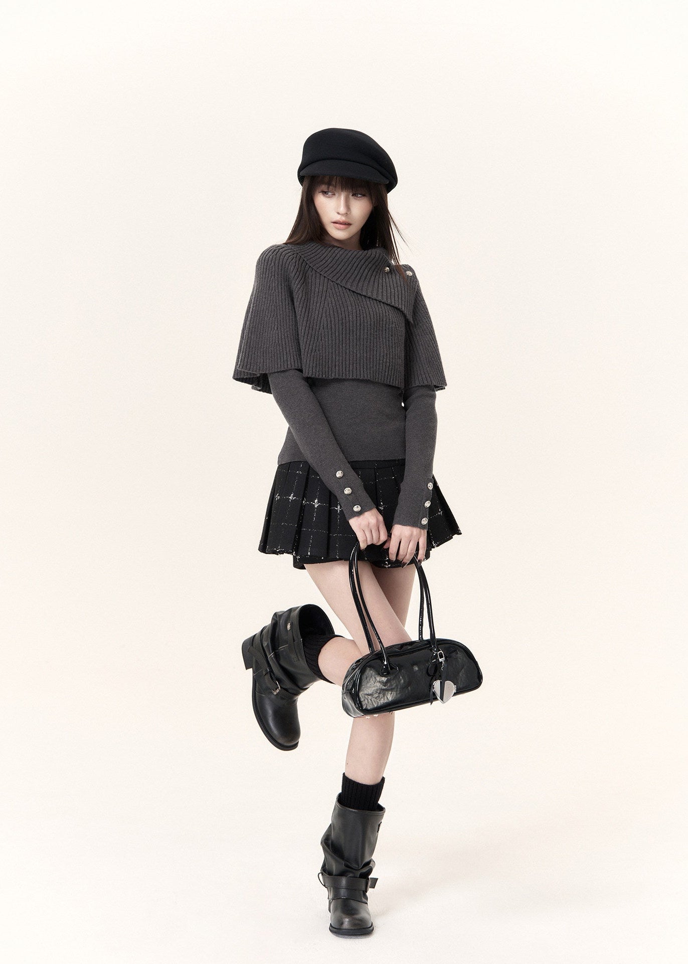 Dark grey ribbed cape overlay top with fitted long sleeves