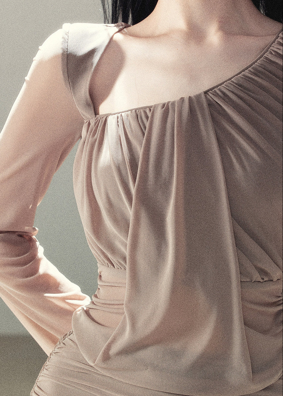 Draped taupe top and maxi skirt two-piece set