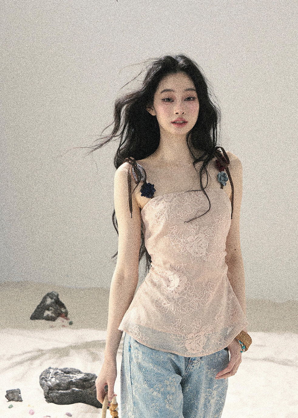 Romantic sheer woven strap top in soft pink