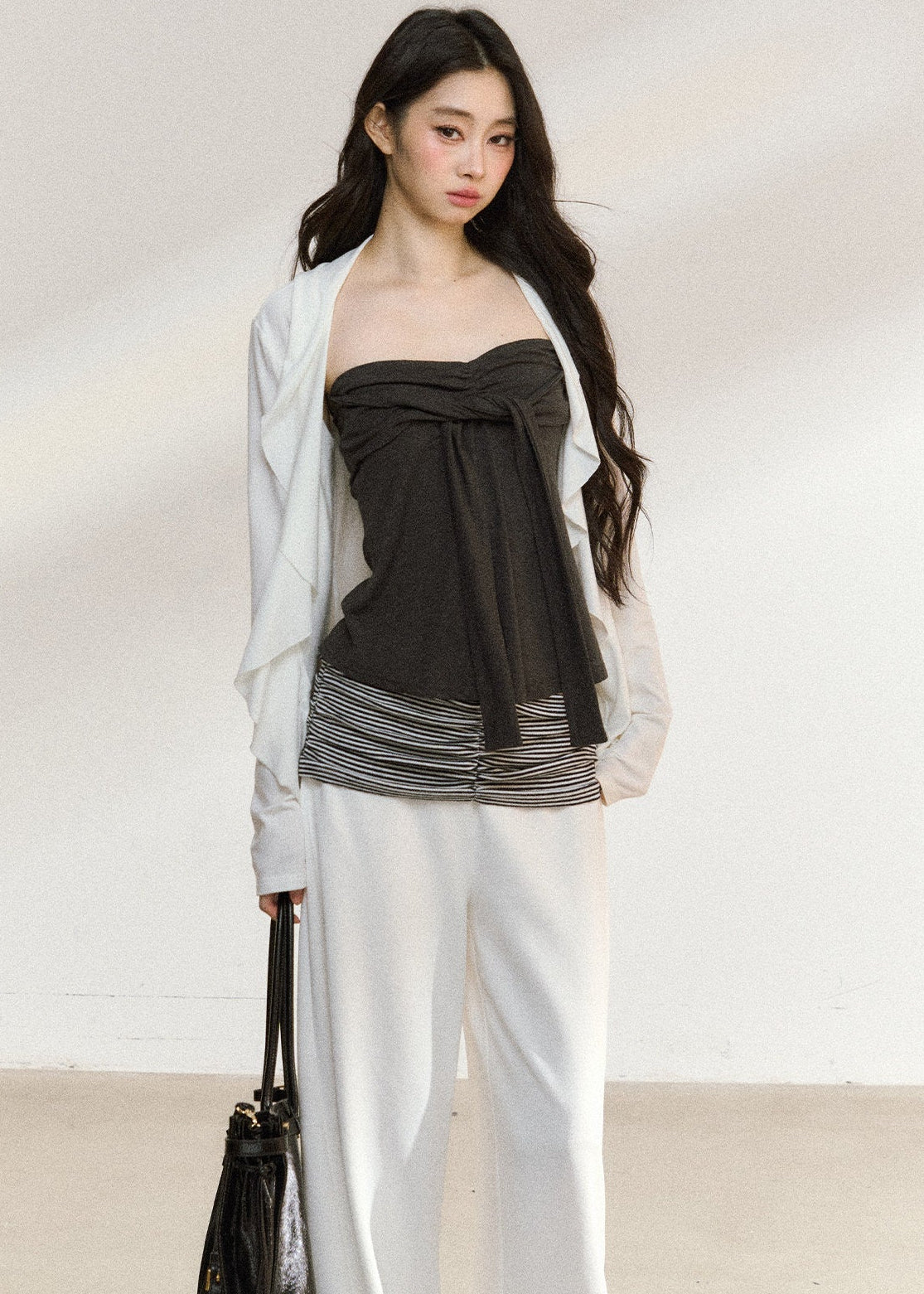 Korean-style layered top set in white and charcoal gray