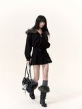 Faux Fur Hooded Polka Dot Zip-Up Jacket