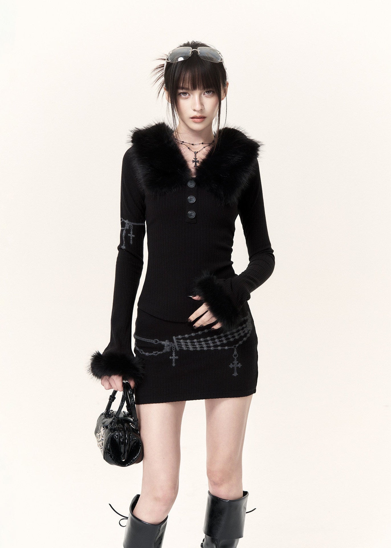 Black faux fur trim knit top and mini skirt two-piece set