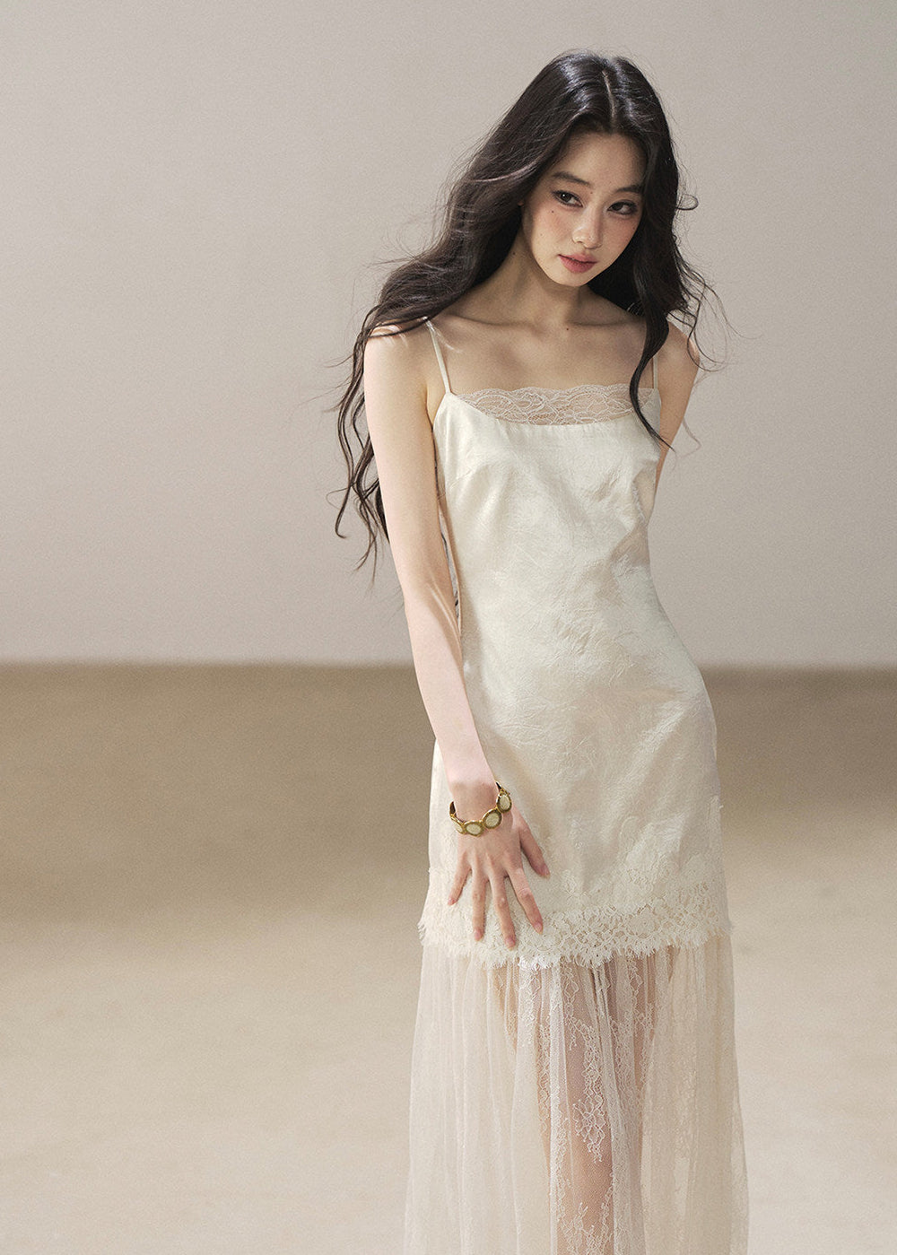 Lace slip dress with sheer cover-up set in pear white