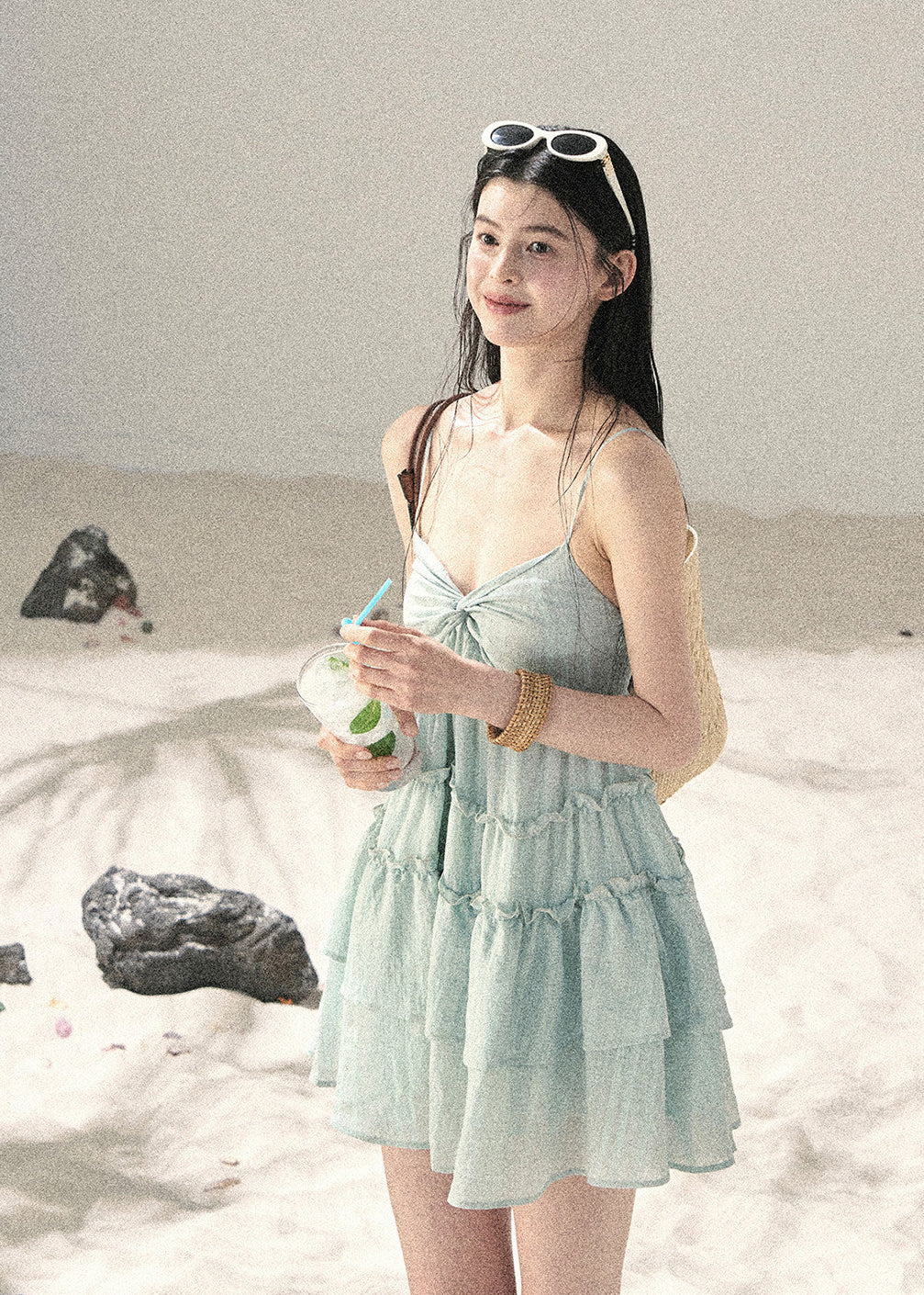 Women’s seafoam tiered mini dress for a seaside vacation
