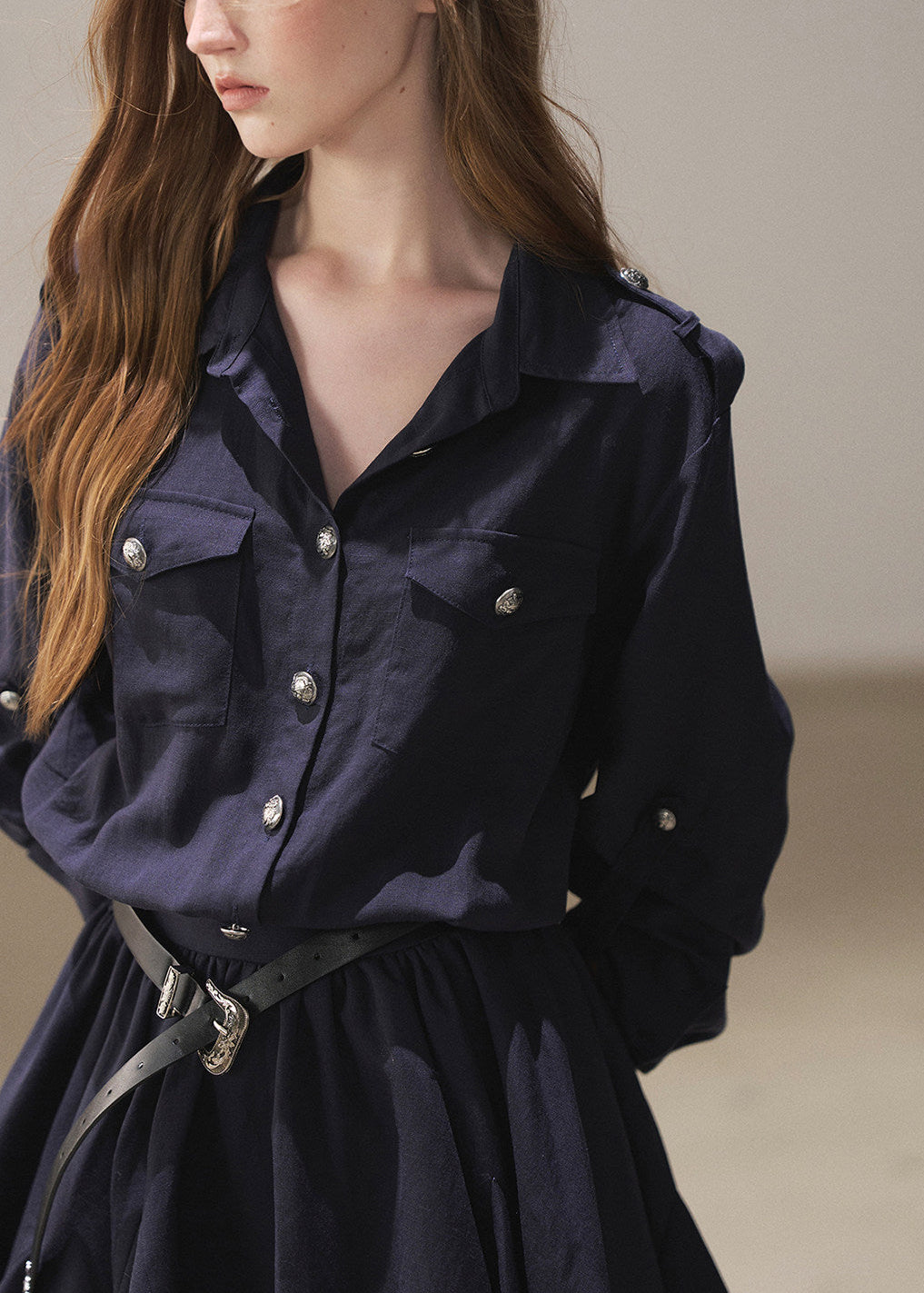 Feminine puff skirt shirt dress in white and navy