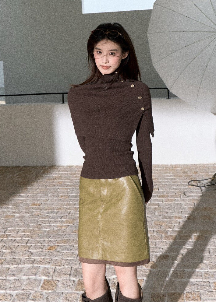 Elegant chocolate brown knit set with structured cape overlay