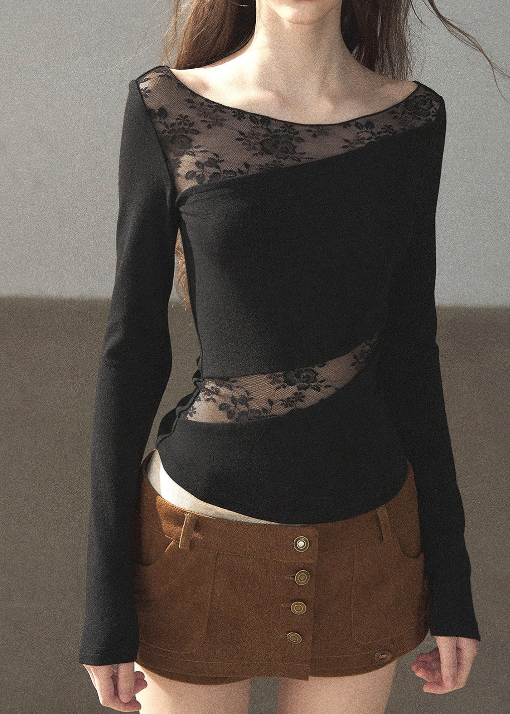 Feminine lace long sleeve top with fitted waist