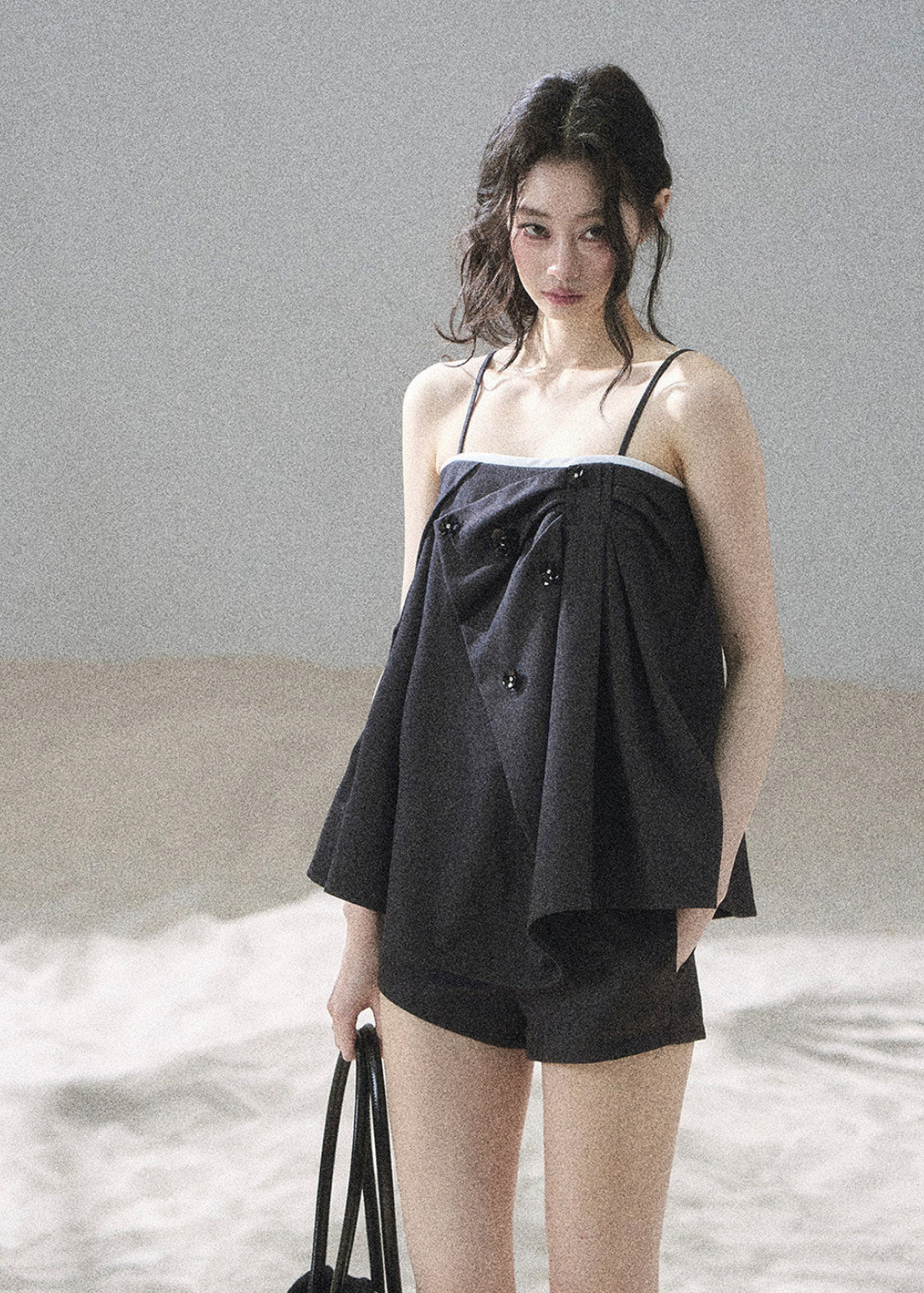 Elegant black summer set with slender straps and white piping