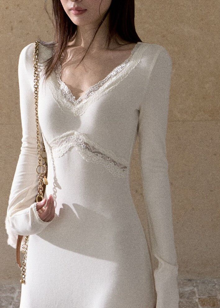 Ivory lace-trim V-neck knit maxi dress with long sleeves