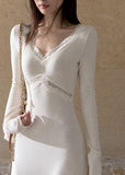 Ivory lace-trim V-neck knit maxi dress with long sleeves
