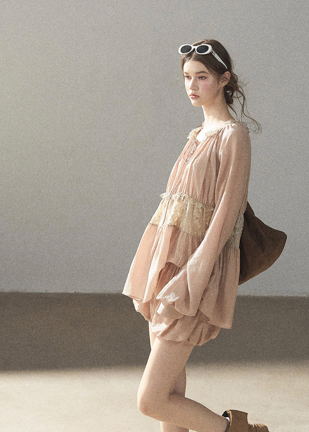 Blush lace waist blouse and skort two-piece set