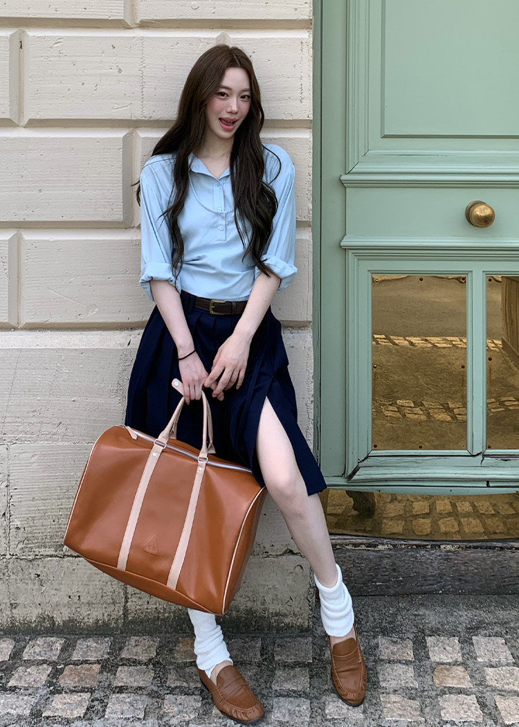 Korean-style blue button-up shirt with a coordinating draped layer