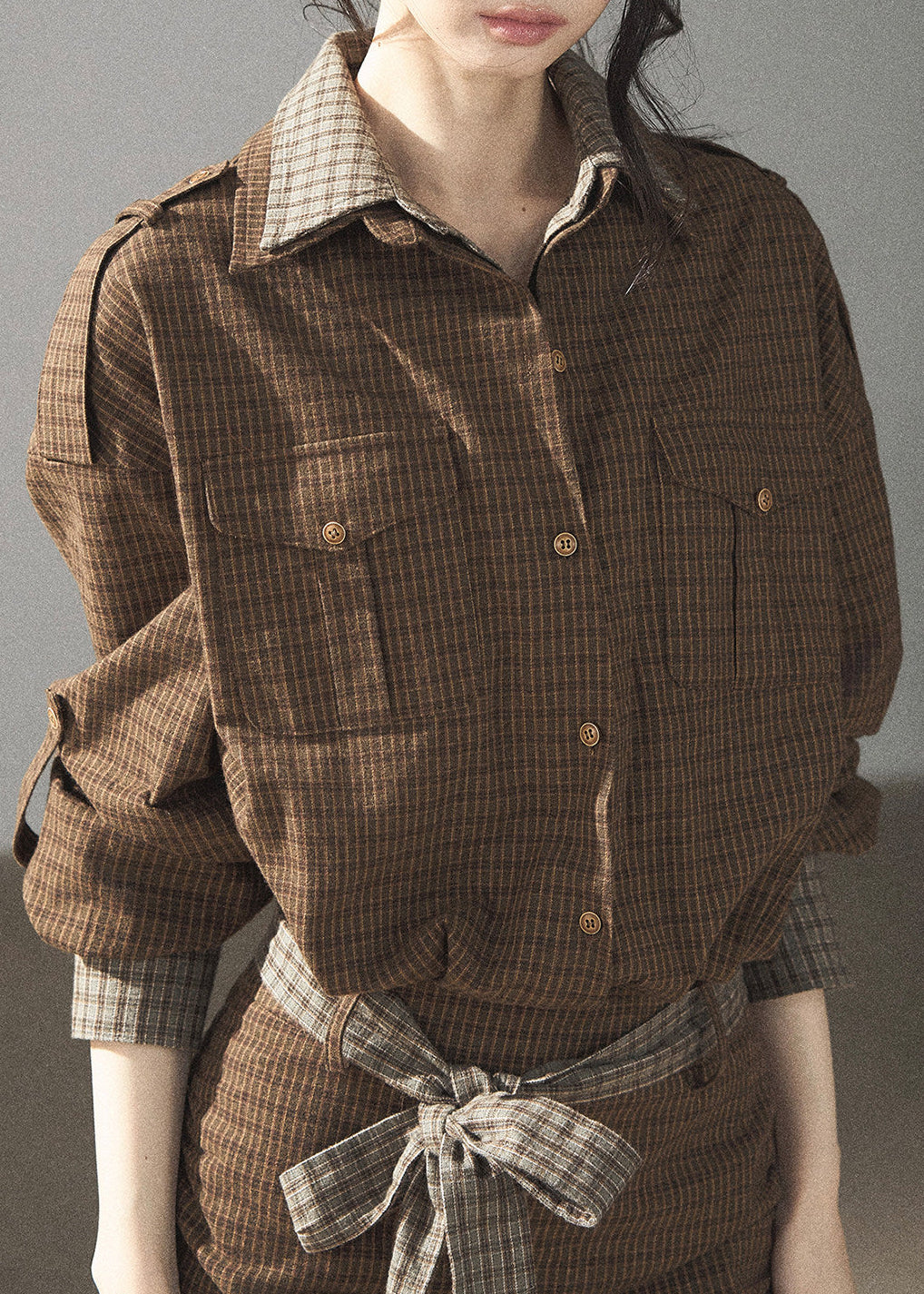 Relaxed cotton plaid mini dress for women