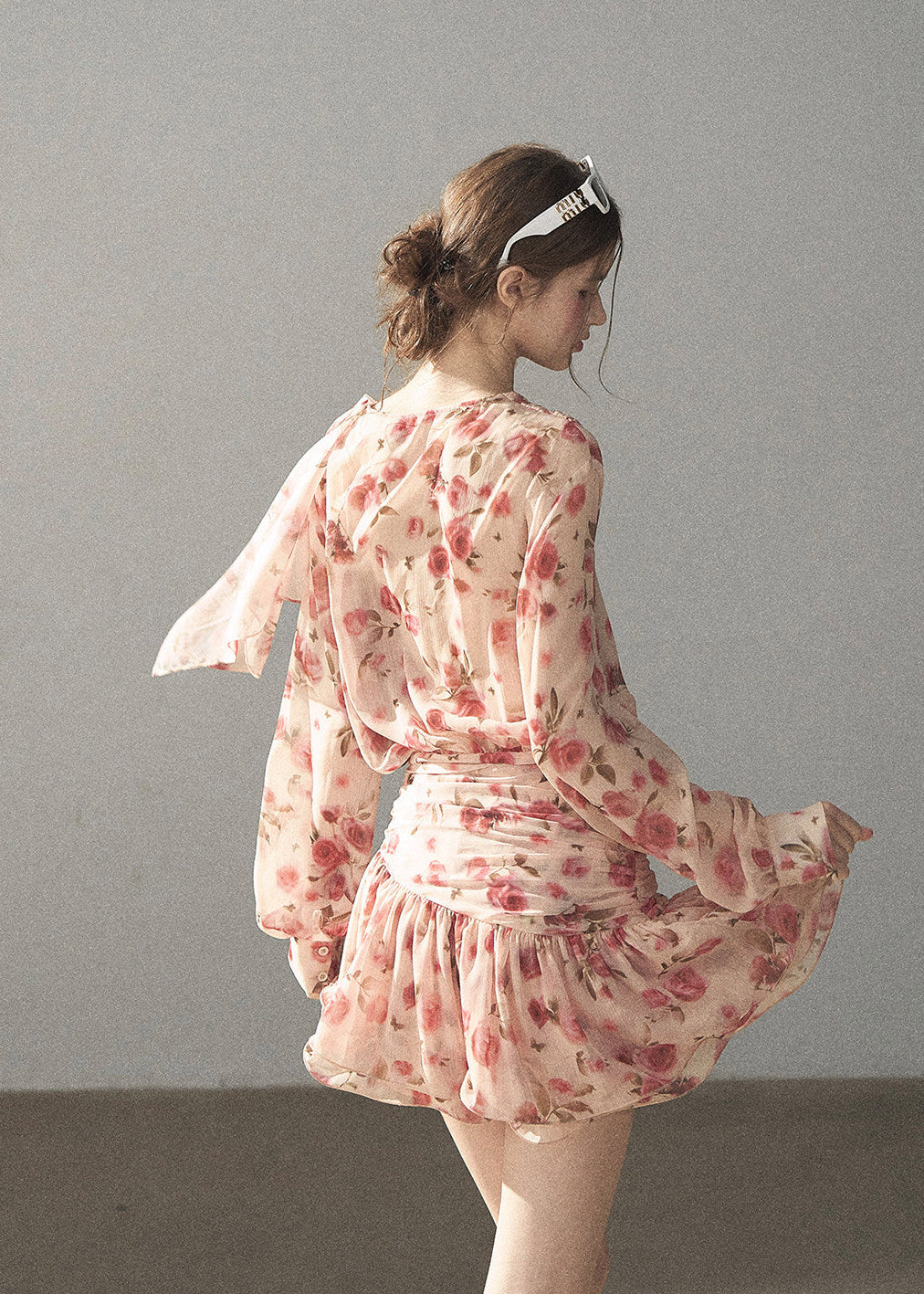 Pink floral chiffon mini dress with long sleeves