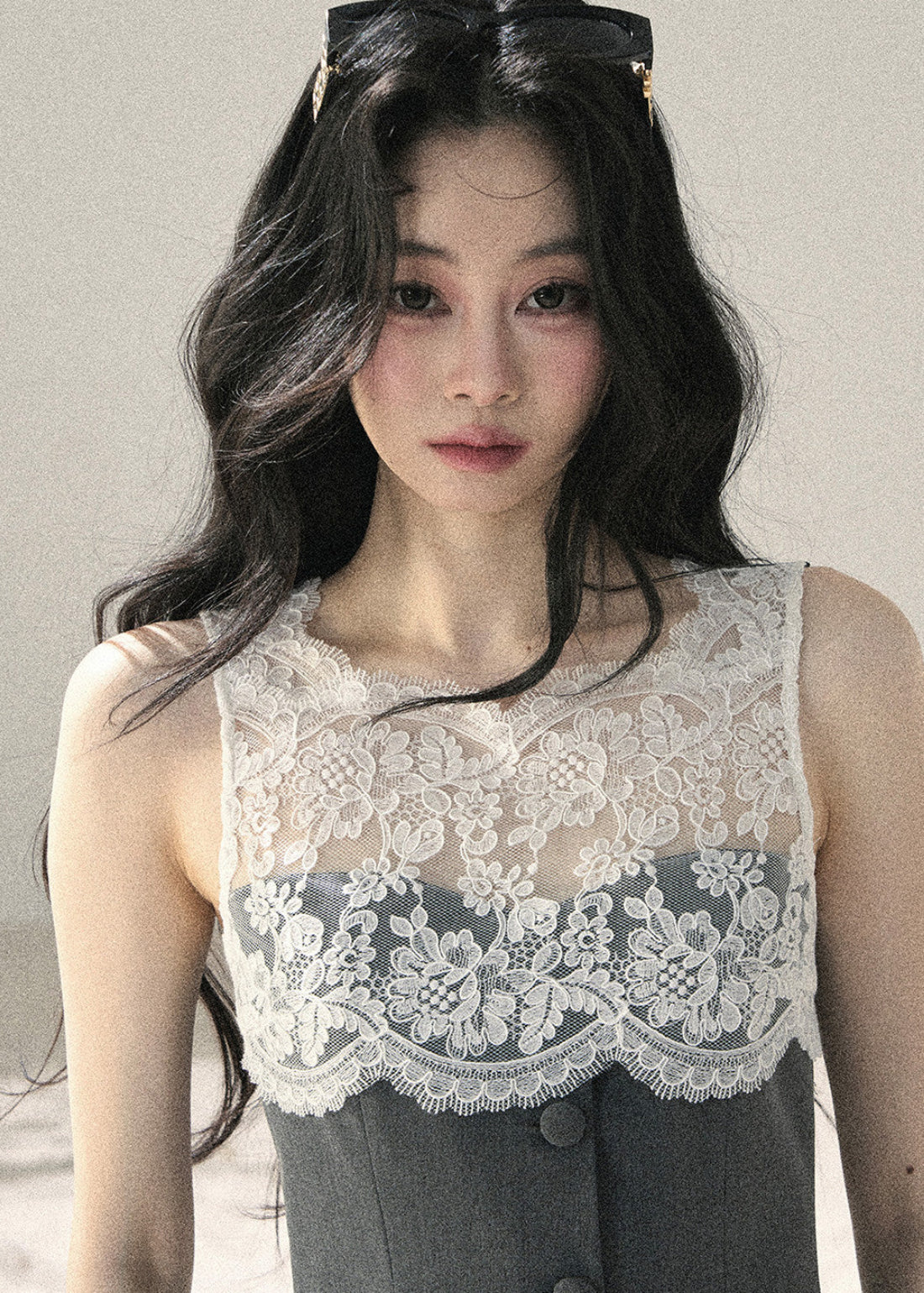 Gray summer set with delicate white lace panel