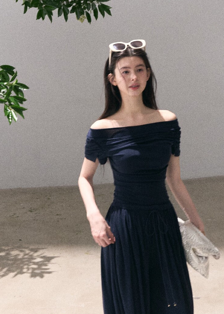 Deep navy off-shoulder top and wide-leg pants set