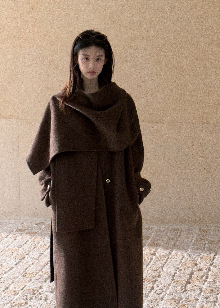 Oversized double-faced wool coat with statement scarf collar