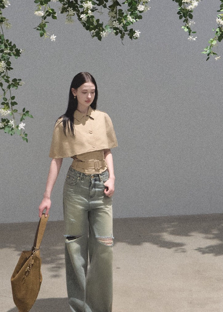 Khaki lyocell-cotton mini dress with a softly flared skirt