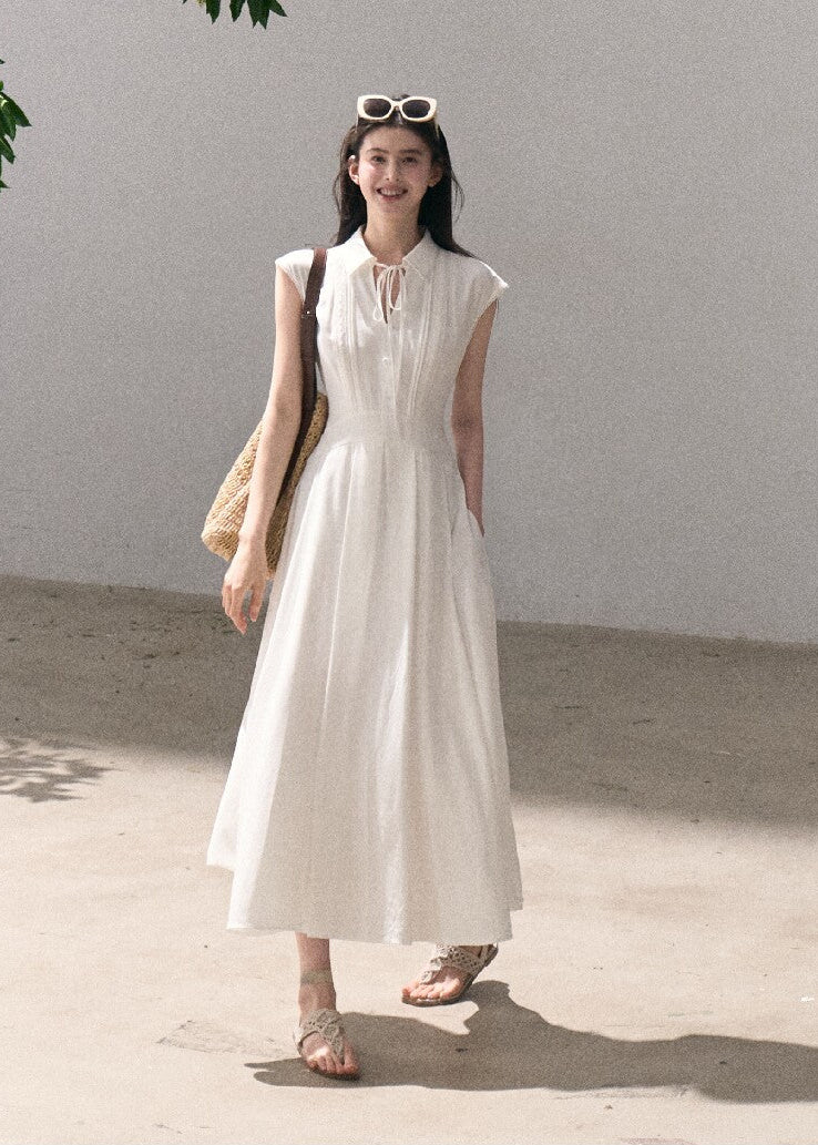 Lyocell linen collared dress with flared skirt
