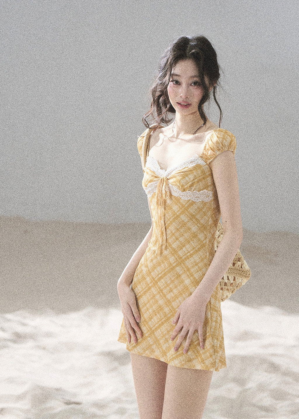 Romantic golden check mini dress with jewel-style accents