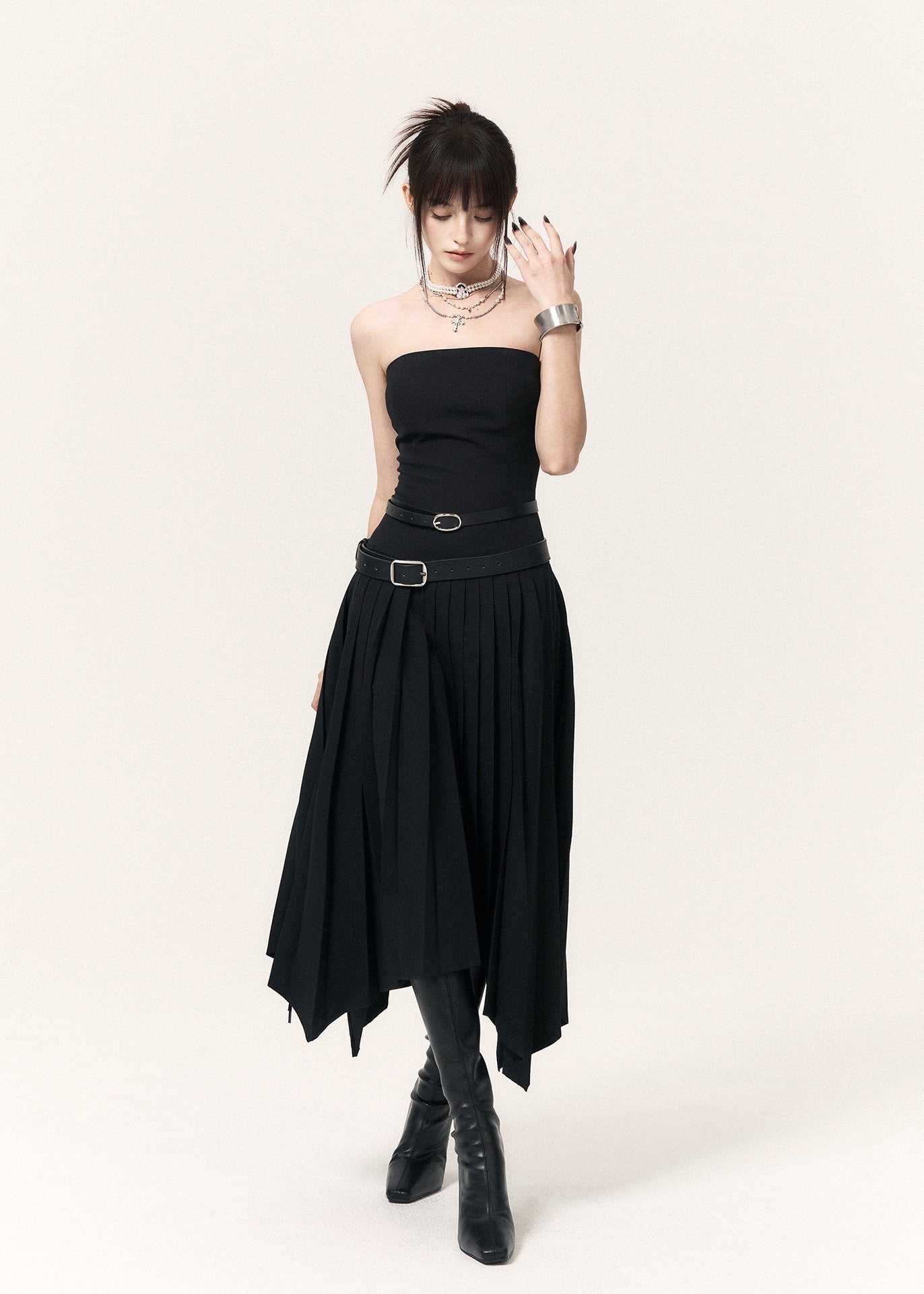 1. Dark asymmetric midi dress with a draped handkerchief hem and fitted waist