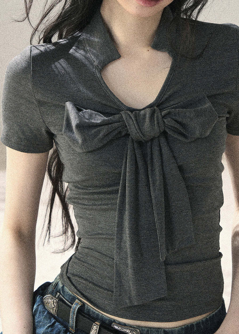 Bow-detail summer top in dark gray