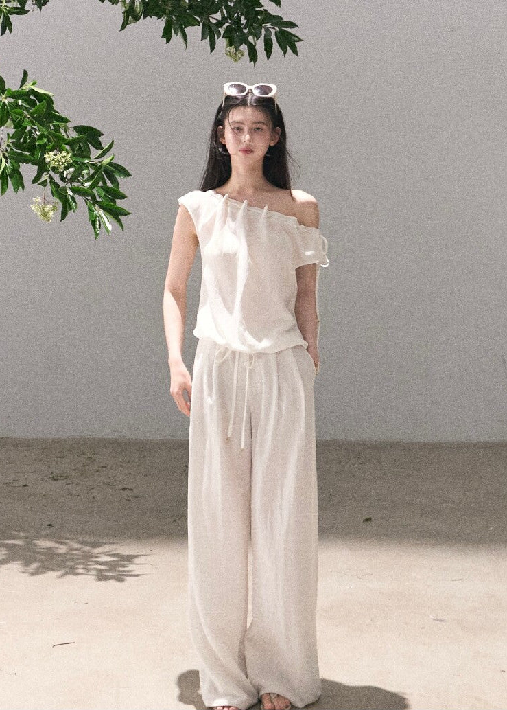 Ivory draped top and wide-leg pants set