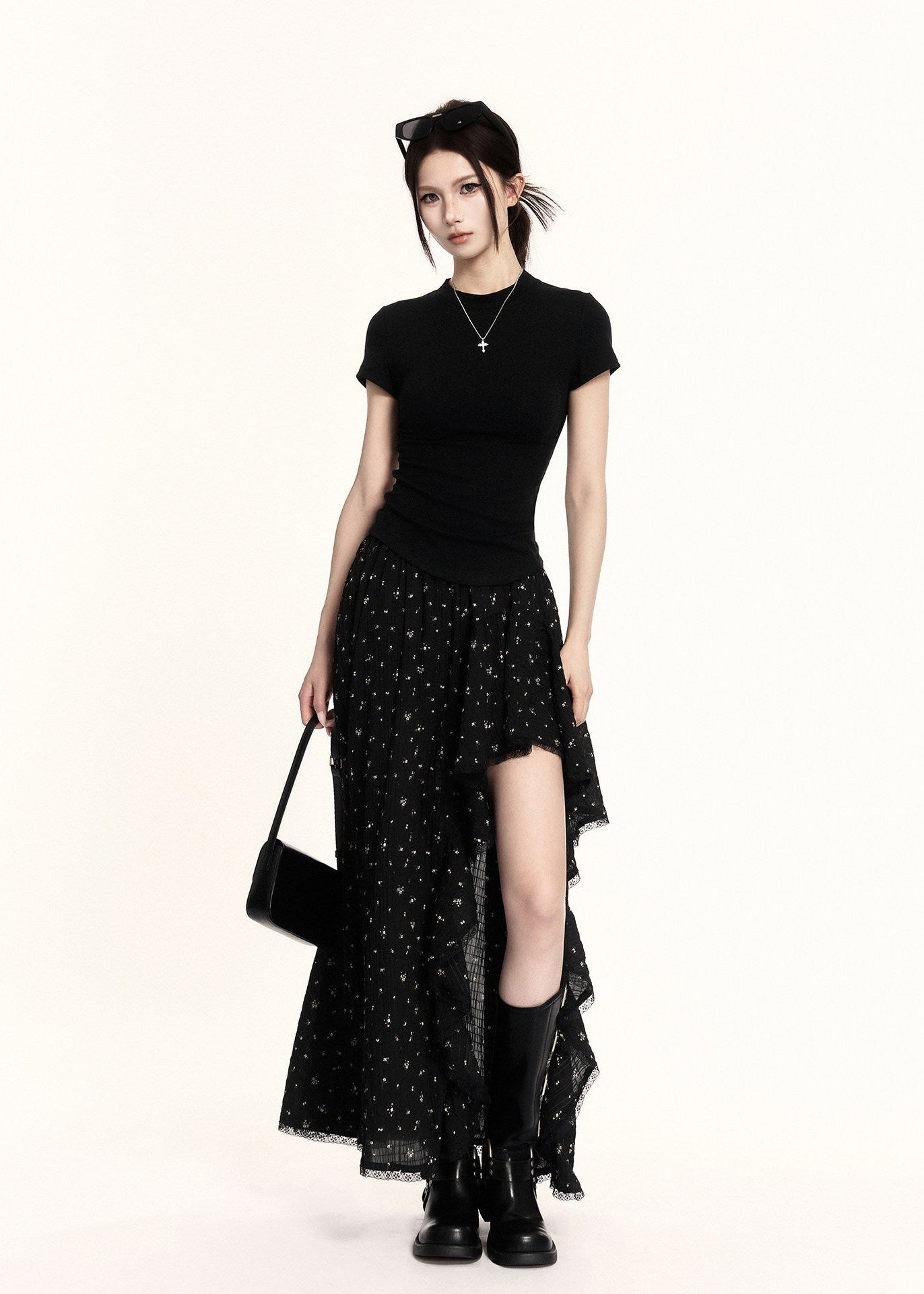 Black high-low ruffle skirt with a sheer layered hem