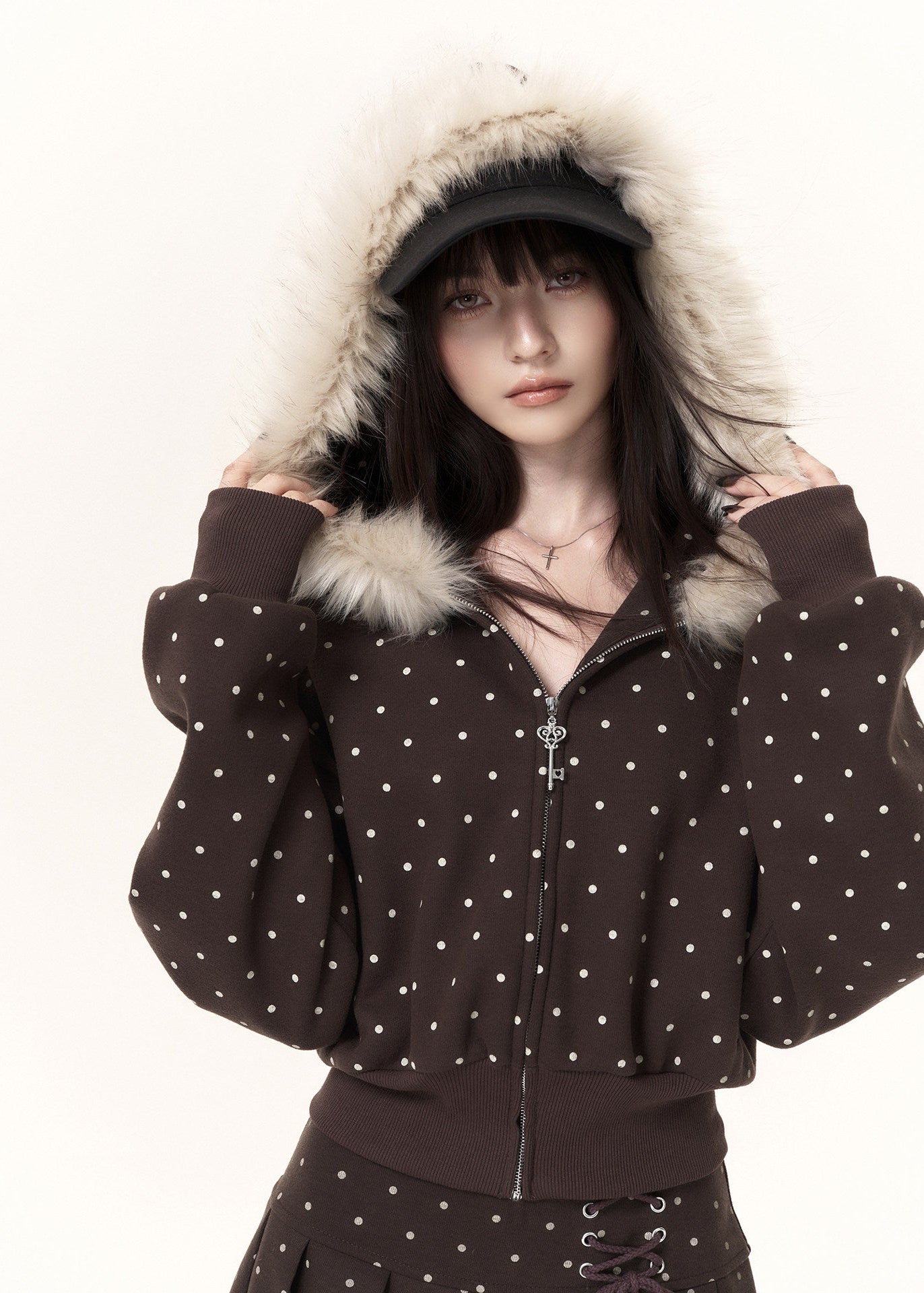 brown faux fur hooded polka dot zip up jacket for women