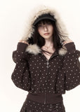 brown faux fur hooded polka dot zip up jacket for women