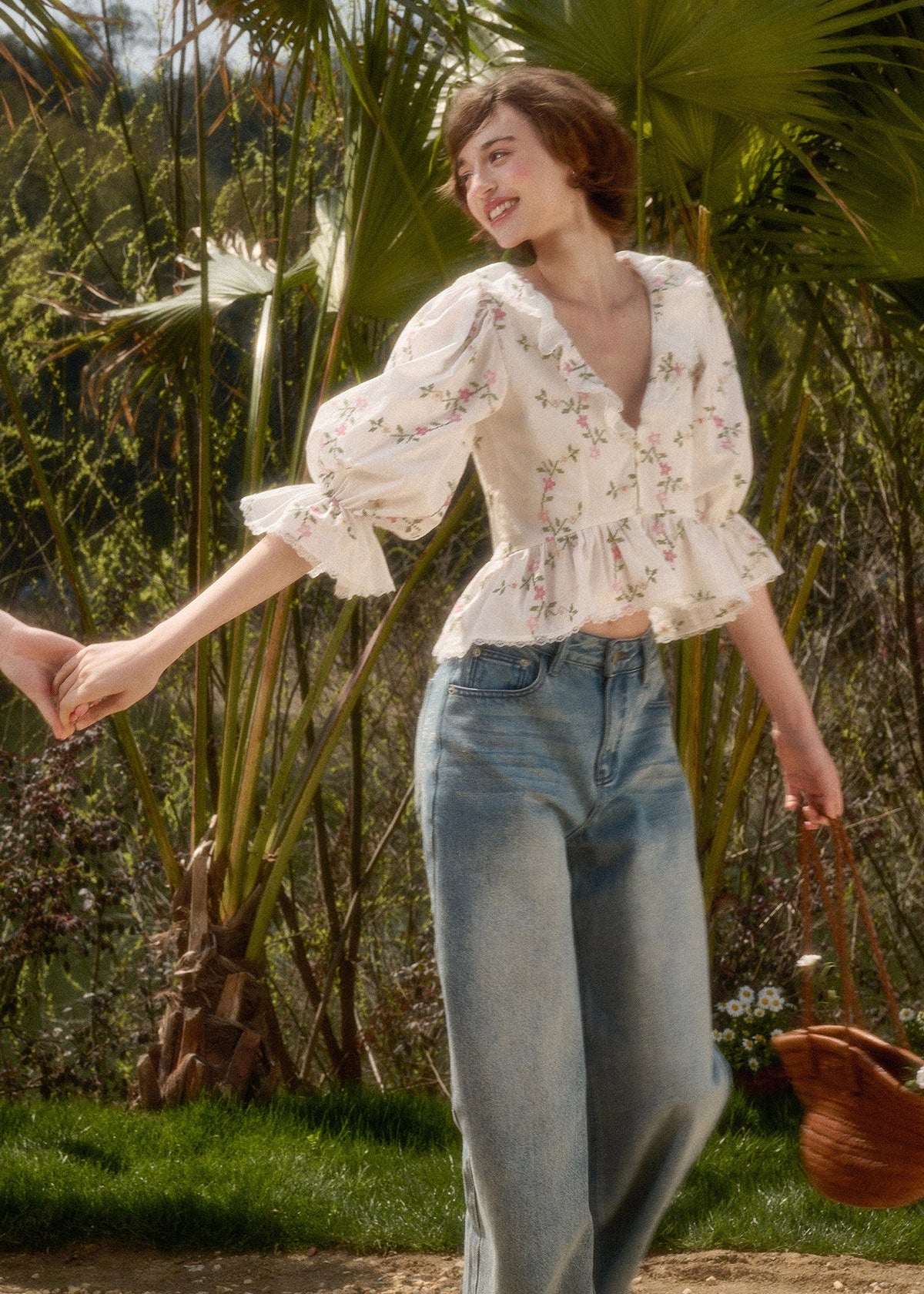 Ruffle trim blouse with soft garden print