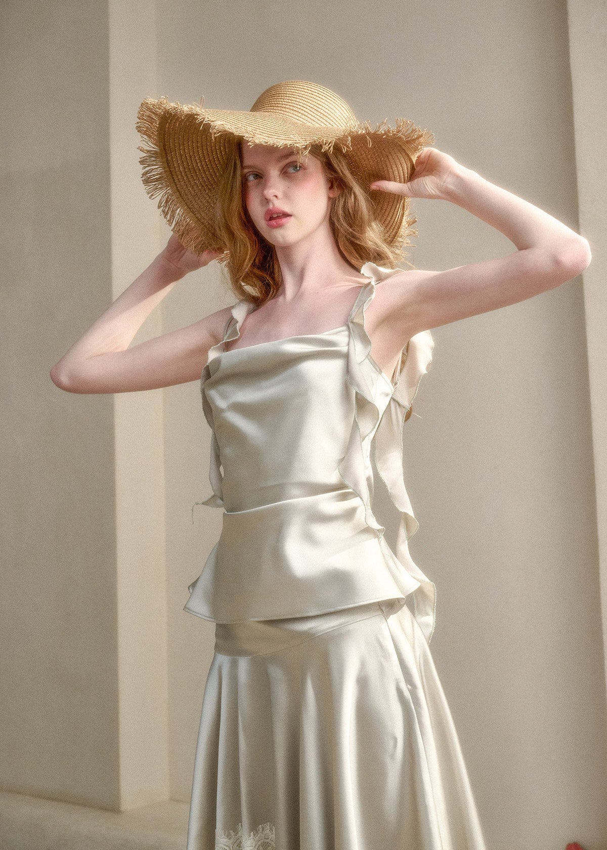 Romantic satin skirt set with delicate lace hem
