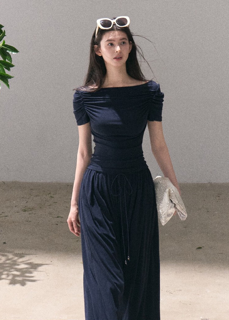 Deep navy off-shoulder top and wide-leg pants set