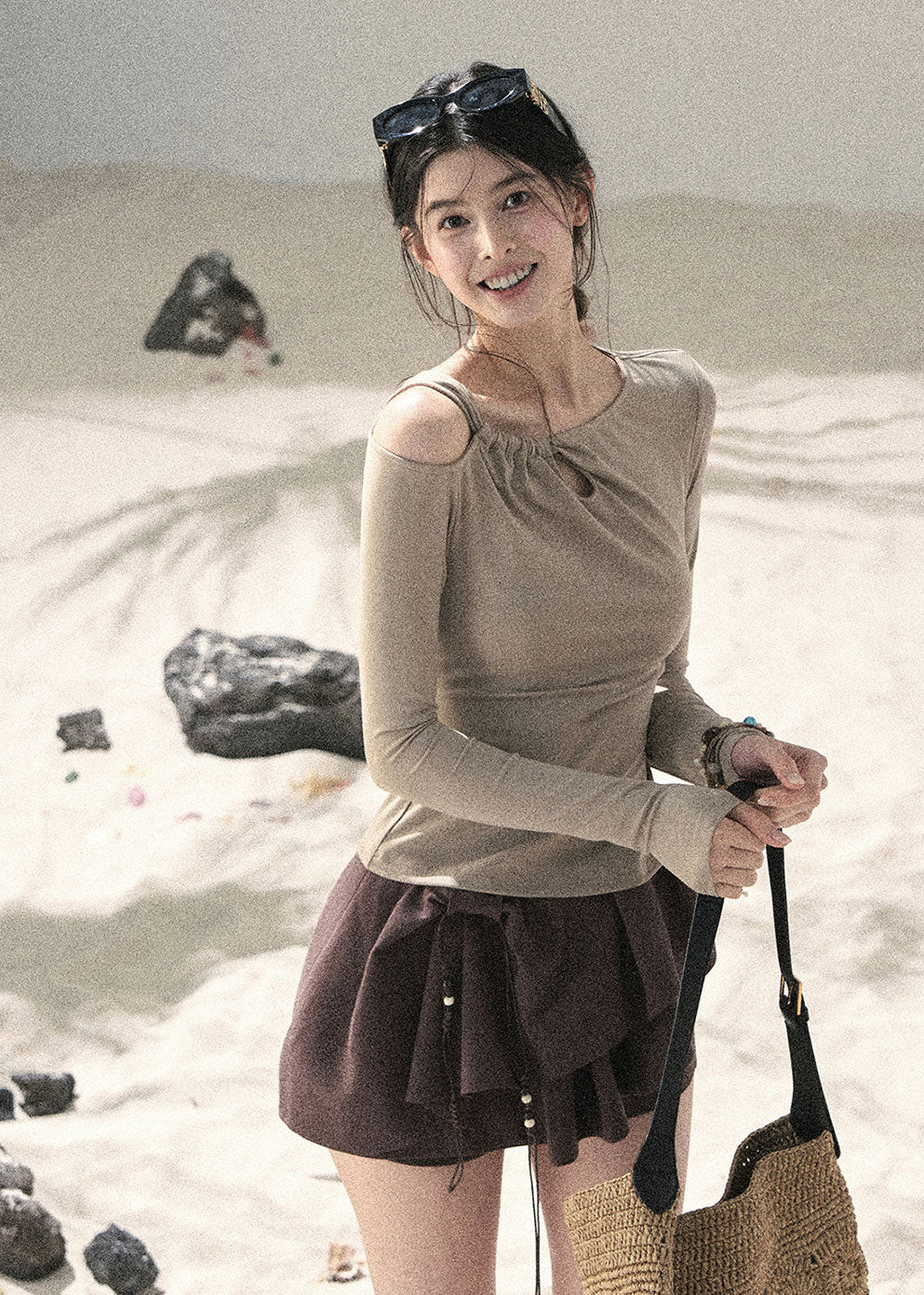 Soft neutral long sleeve top styled with wide-leg pants