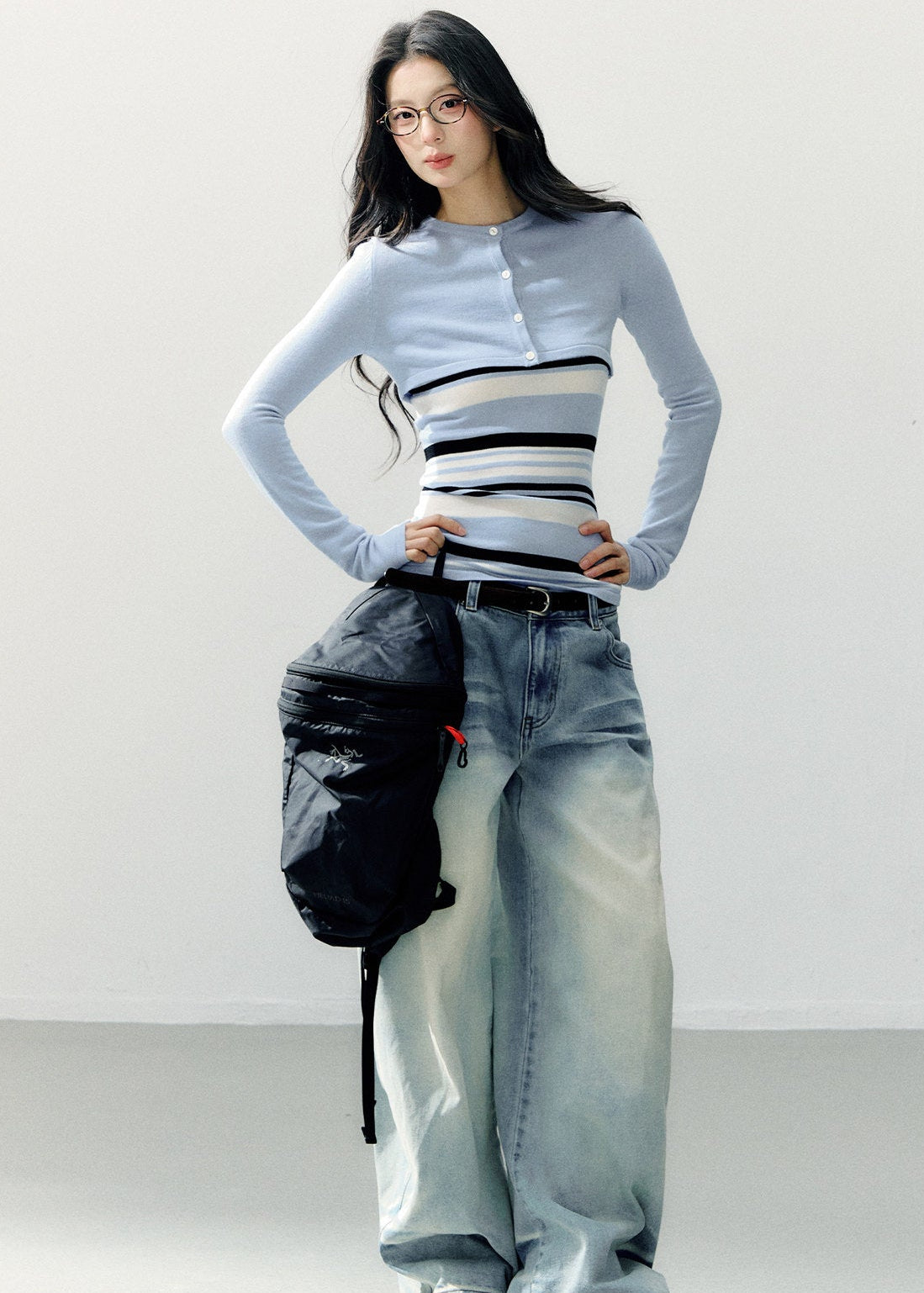Women’s two-piece knit top set with long sleeves and stripes