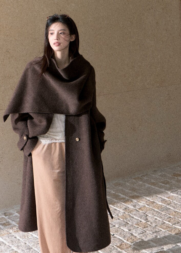 Oversized double-faced wool coat with statement scarf collar