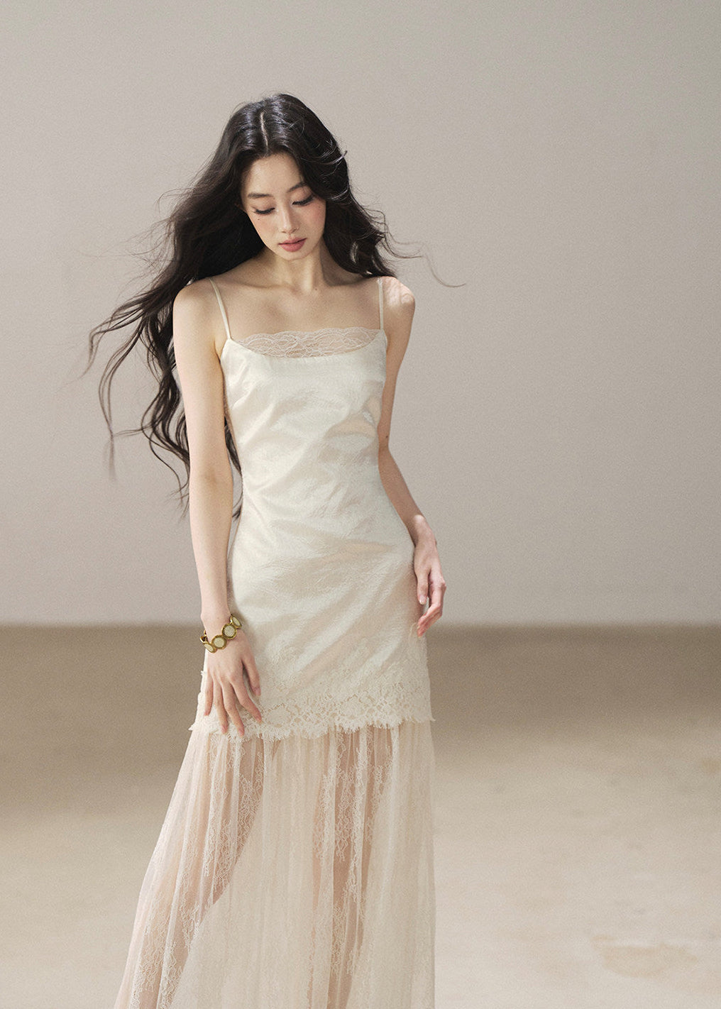 Lace slip dress with sheer cover-up set in pear white