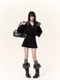 Faux Fur Hooded Polka Dot Zip-Up Jacket