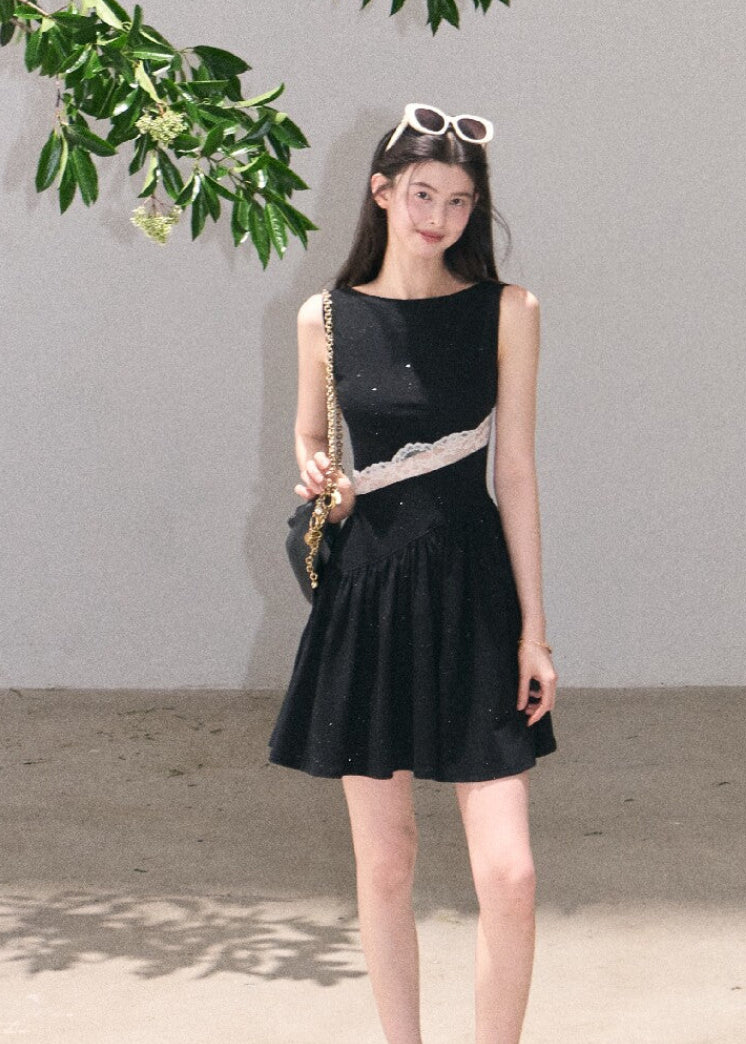 Black resort-style tank dress with semi-sheer lace panel
