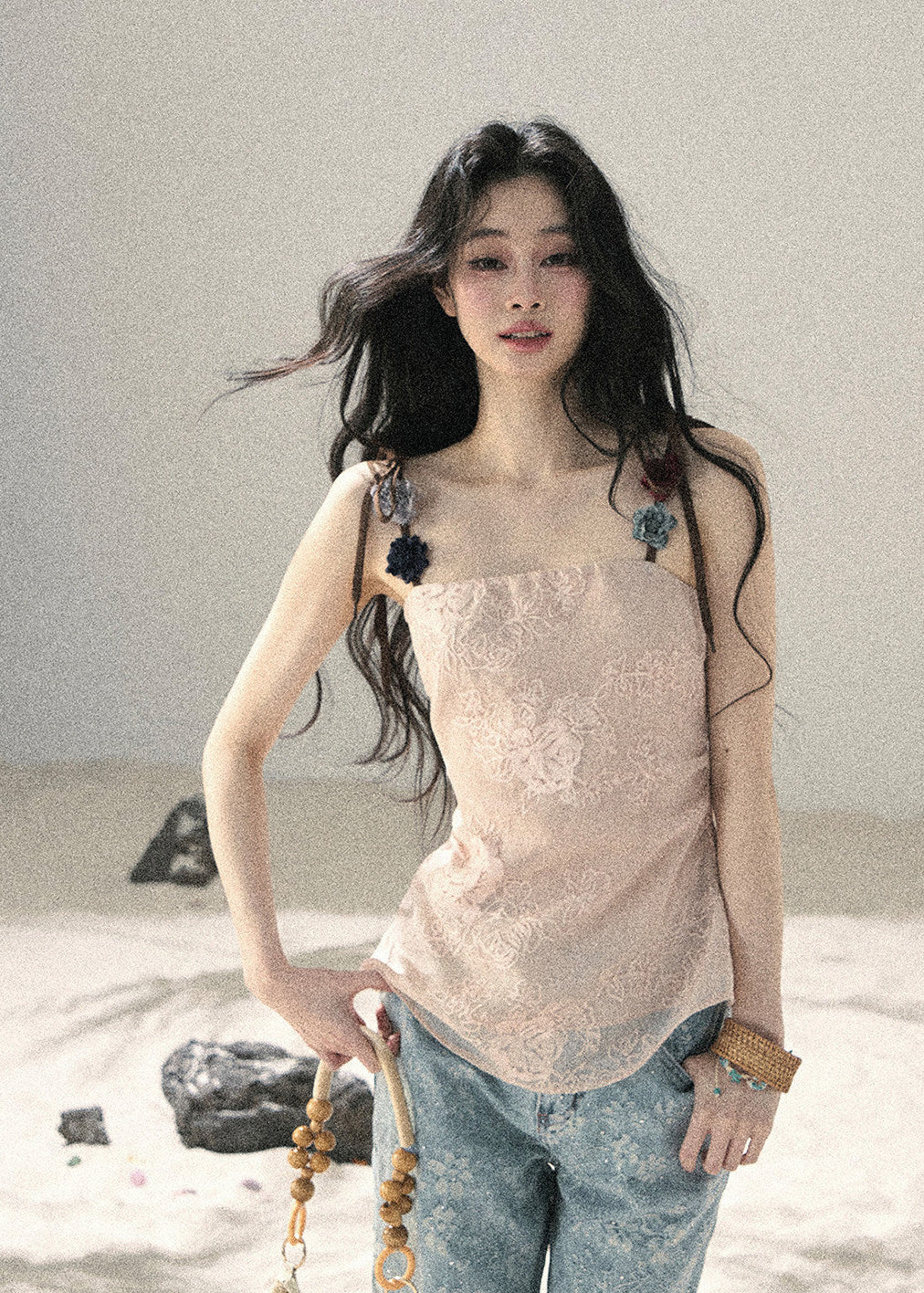 Romantic sheer woven strap top in soft pink