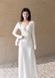 Ivory lace-trim V-neck knit maxi dress with long sleeves