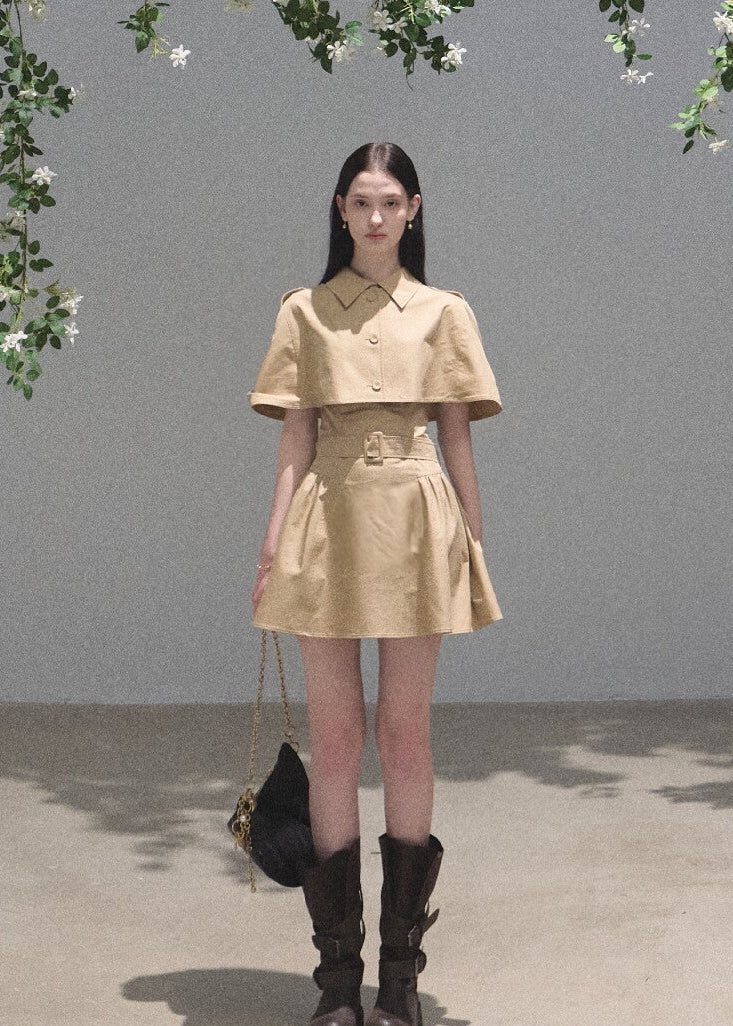 Khaki lyocell-cotton mini dress with a softly flared skirt