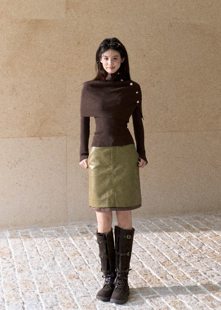 Korean-inspired brown turtleneck cape and fitted knit top set
