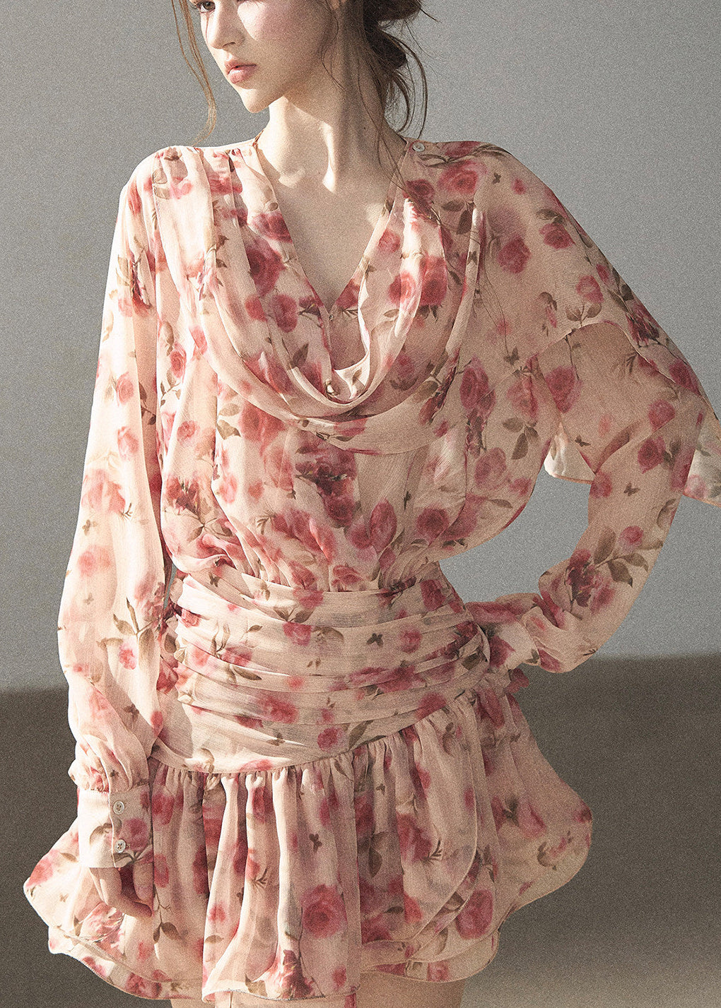 Pink floral chiffon mini dress with long sleeves